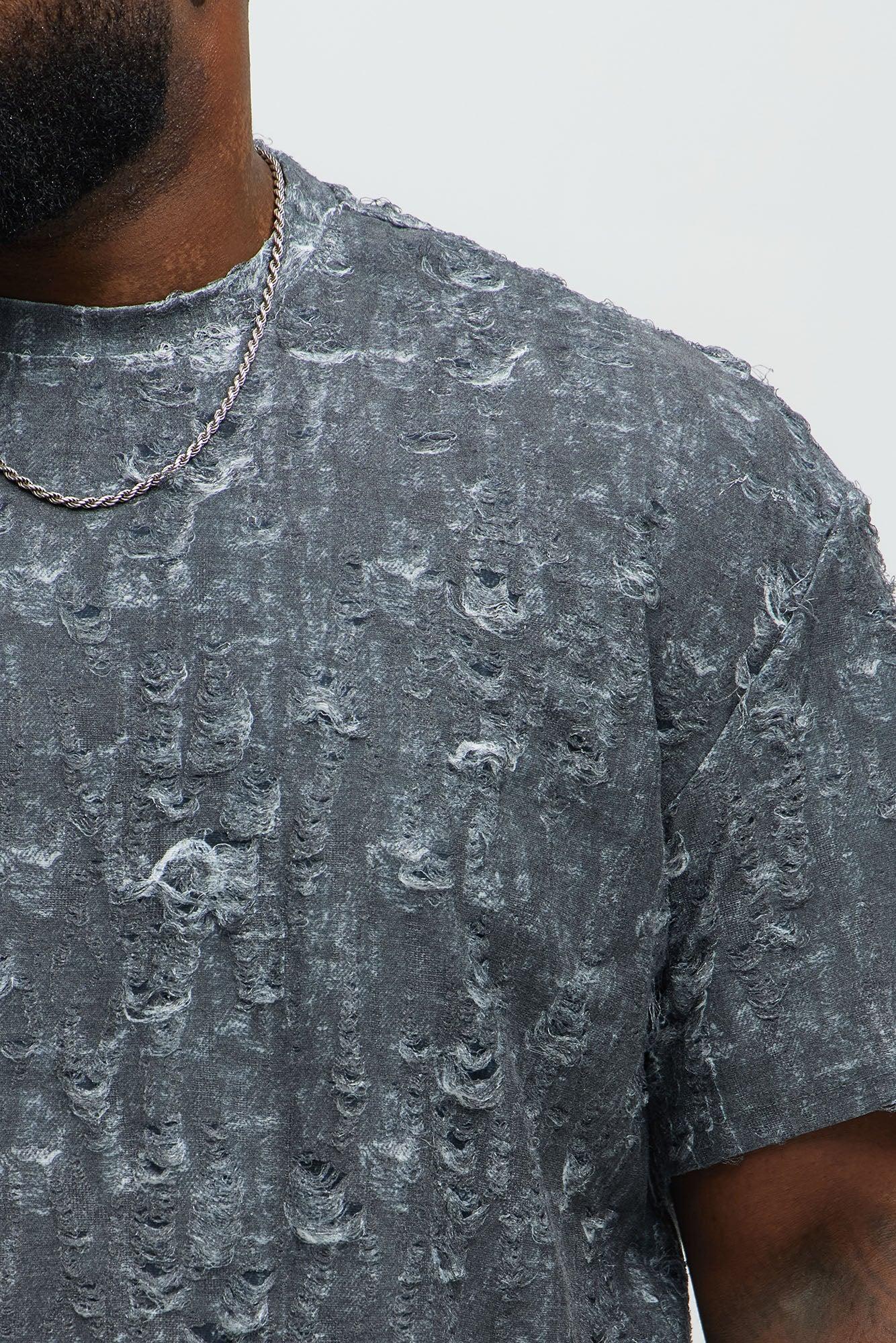 Distressed Relaxed Short Sleeve Tee Shirt - Charcoal Male Product Image