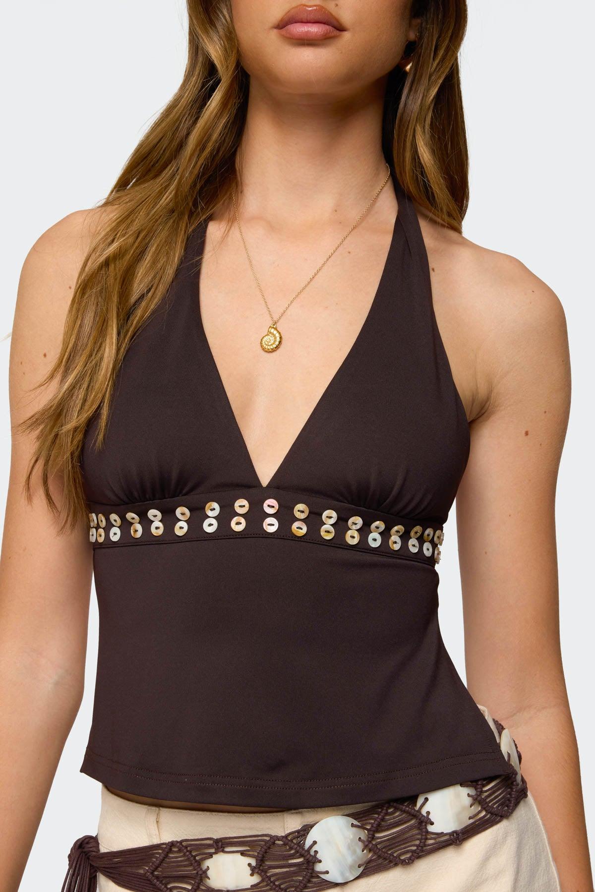 Pearlsy Button Backless Halter Top Product Image