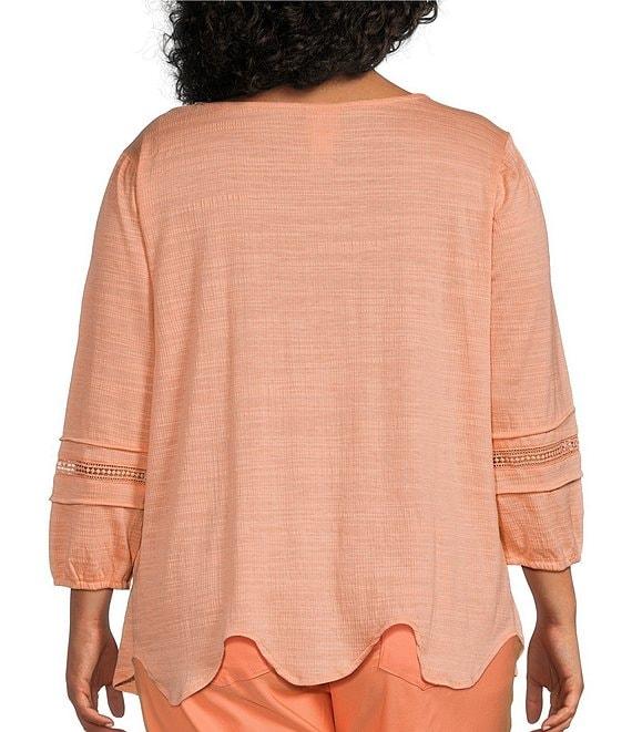Ruby Rd. Plus Size Knit Scoop Neck 3/4 Bishop Sleeve Lace Trim Scallop Hem Top Product Image