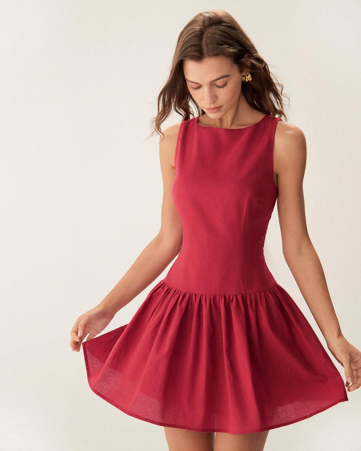 Red Boat Neck Sleeveless Mini Dress Product Image