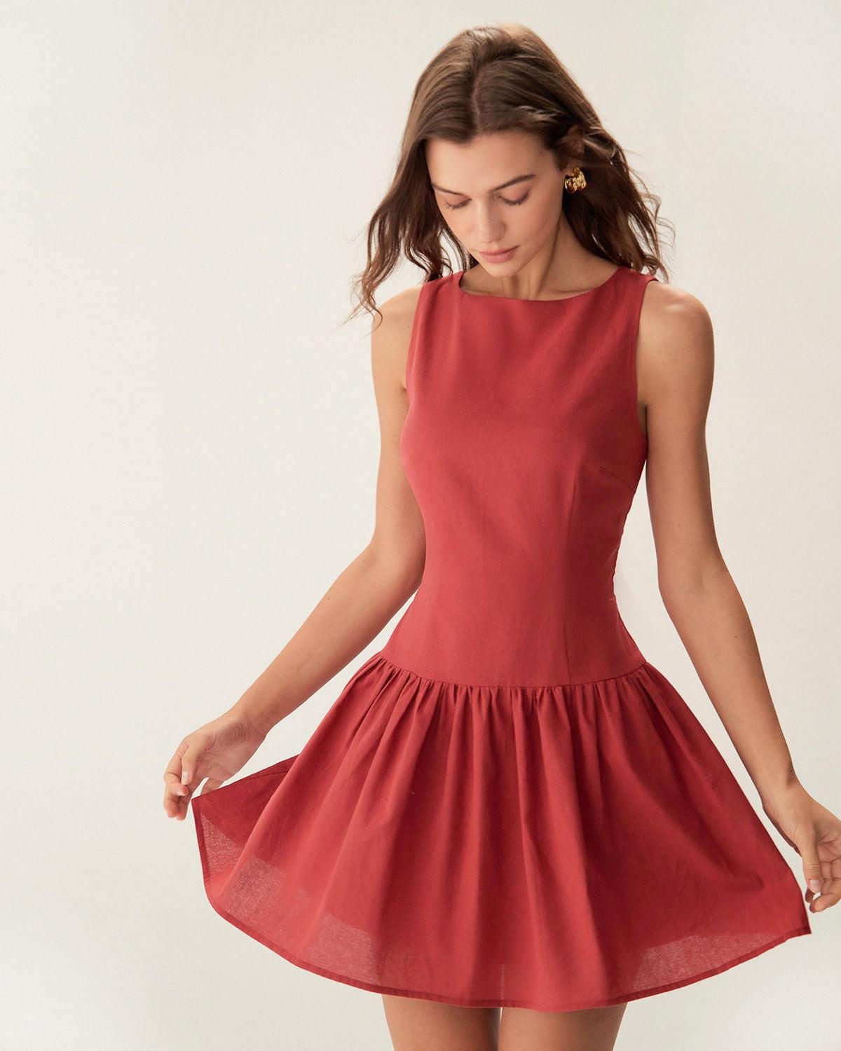 Red Boat Neck Sleeveless Mini Dress Product Image