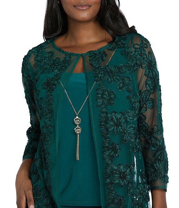 R & M Richards 3/4 Sleeve Crew Neck Embroidered Soutache 3-Piece Pant Set Product Image