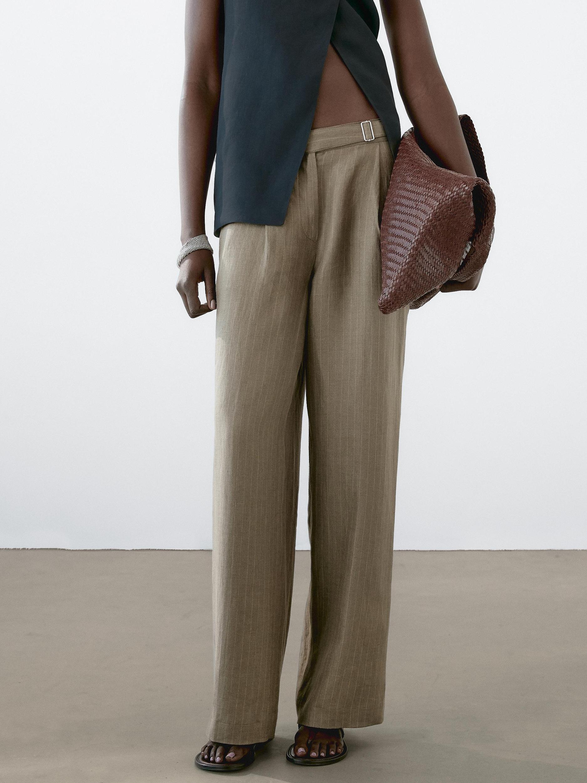 100% linen striped trousers with buckle detail Product Image