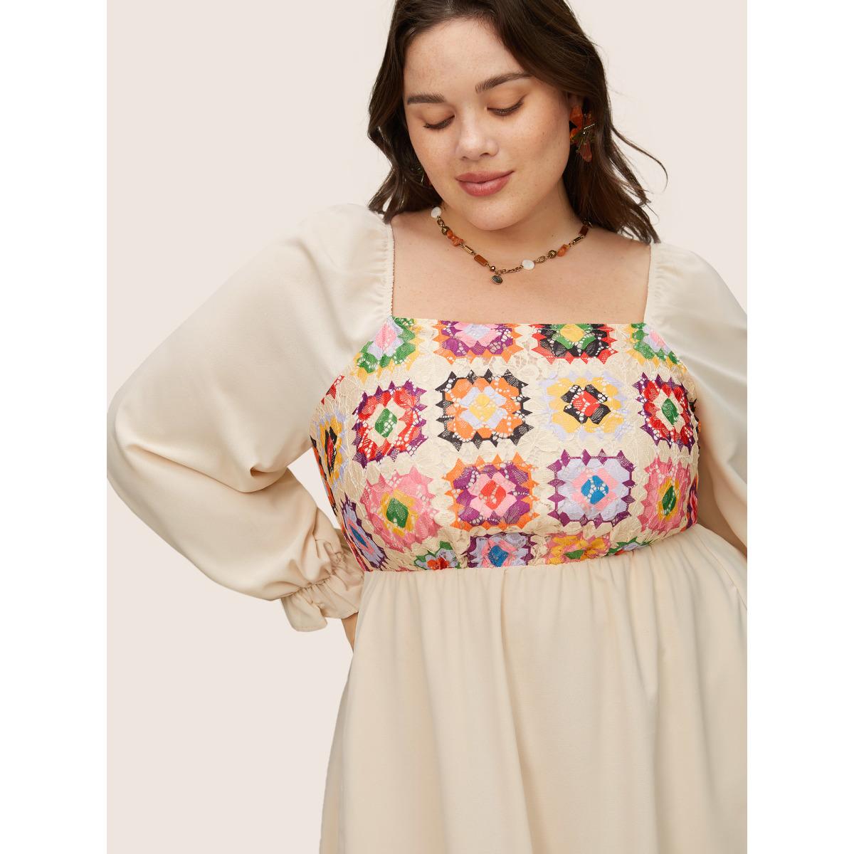 Plus Size Floral Patchwork Square Neck Gathered Dress Apricot Women Resort Texture Square Neck Long Sleeve Curvy Midi Dress BloomChic 14-16/1X Product Image