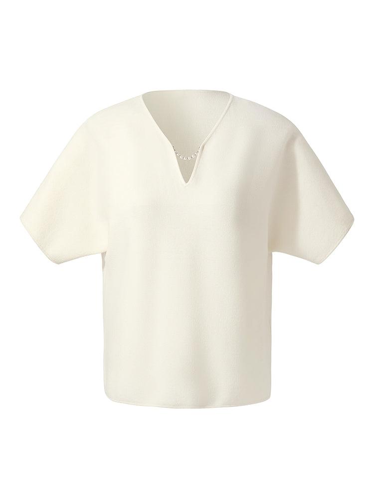 Tencel V-Neck Women Top With Detachable Beaded Chain Product Image