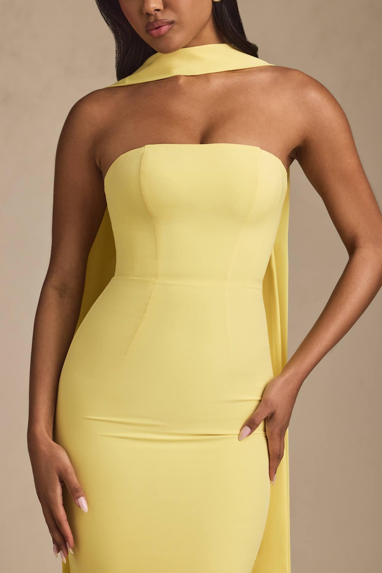 Scarf-Detail Strapless Gown in Pastel Yellow Product Image