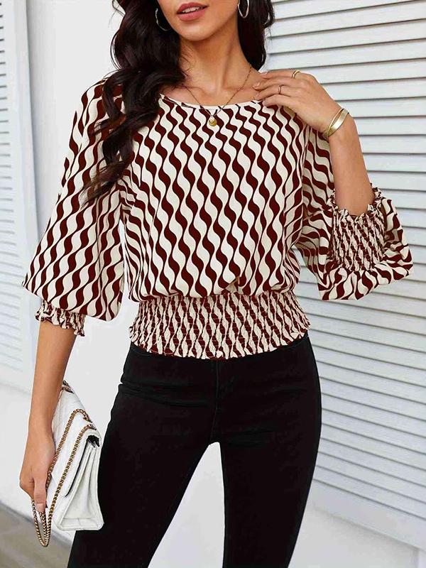 Loose Puff Sleeves Elasticity Printed Split-Joint Round-Neck Blouses&Shirts Tops Product Image