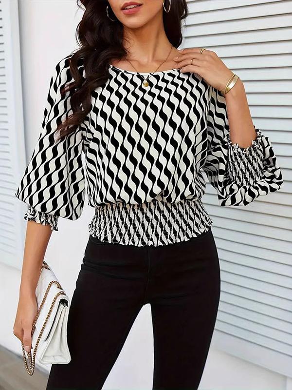 Loose Puff Sleeves Elasticity Printed Split-Joint Round-Neck Blouses&Shirts Tops Product Image
