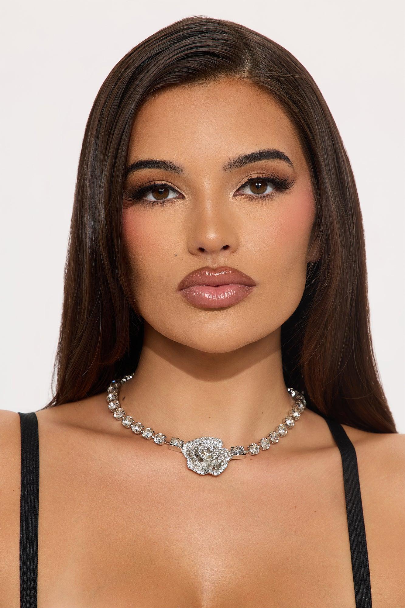 Hollywood Hills Floral Rhinestone Necklace - Silver Female Product Image