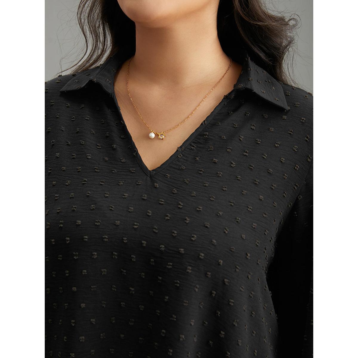 Plus Size Black Plisse Polka Dot Elastic Cuffs Blouse Women Office Elbow-length sleeve Shirt collar Office Blouses BloomChic 26/4X Product Image