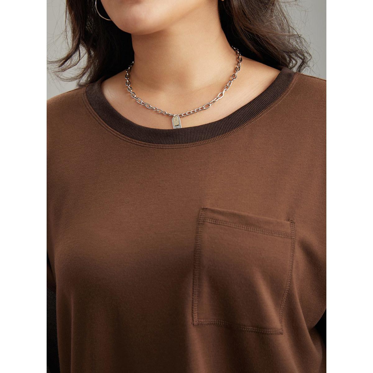 Plus Size Two Tone Patched Pocket Drop Shoulder Sweatshirt Women DarkBrown Casual Elastic cuffs Round Neck Everyday Sweatshirts BloomChic 26/4X Product Image