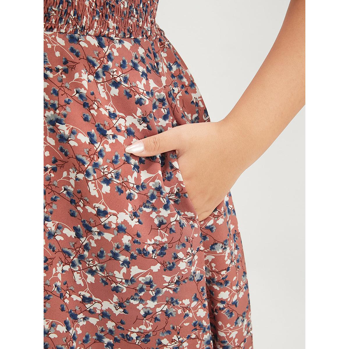 Plus Size Ditsy Floral Cold Shoulder Shirred Pocket Ruffle Lace Hem Dress Salmon Women Elegant Adjustable Straps Cold Shoulder Short sleeve Curvy Knee Dress BloomChic 12/L Product Image