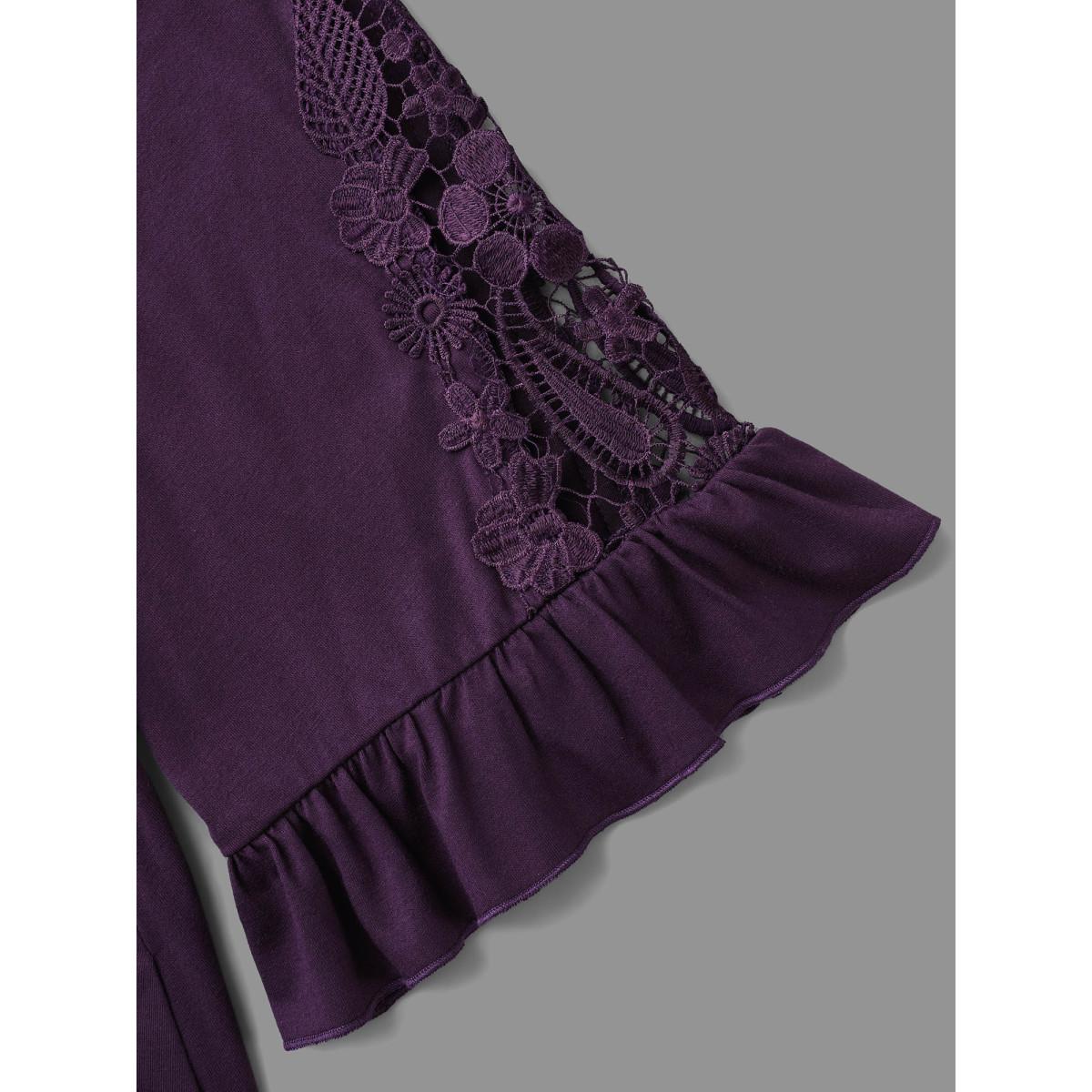 Plus Size V Neck Plain Crochet Lace Mesh Dress Deeppurple Women Elegant Woven ribbon&lace trim Knit Dresses Bloomchic 12/L Product Image