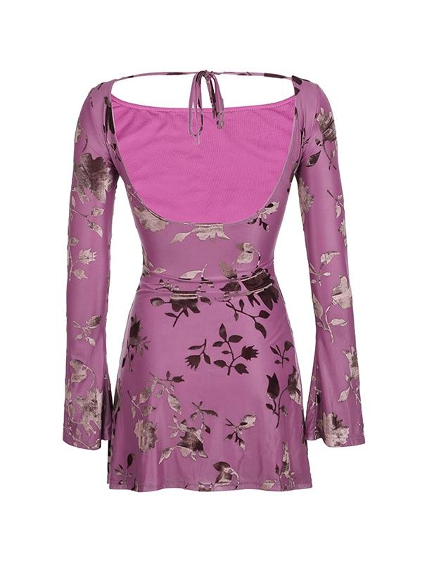 Large Backless Printed Long Sleeves Mini Dress Product Image