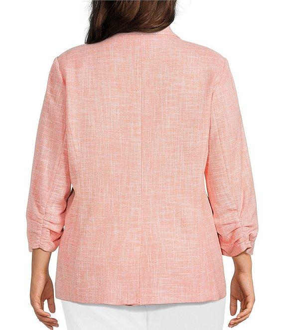 Investments Plus Size Scratch Pattern 3/4 Ruched Sleeve Notch Lapel Lined Button Front Blazer Product Image