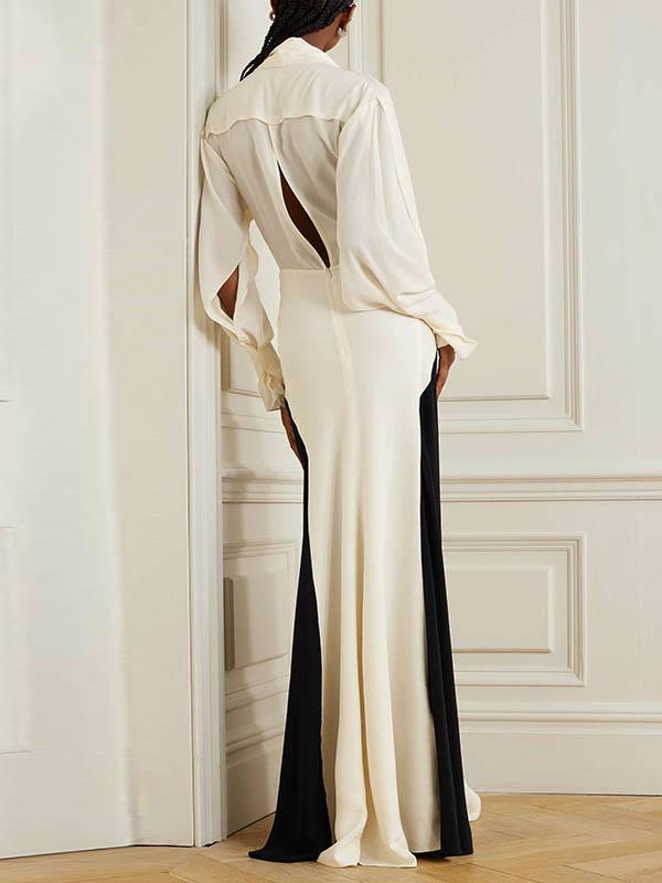 Long Sleeves Loose Contrast Color V-Neck Evening Dresses Maxi Dresses Product Image
