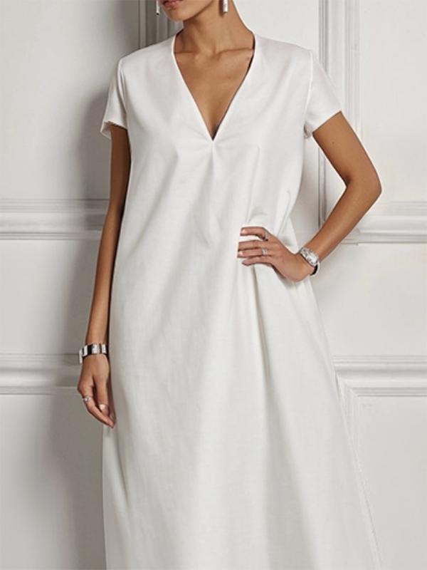 Loose Short Sleeves Solid Color V-Neck Maxi Dresses Product Image