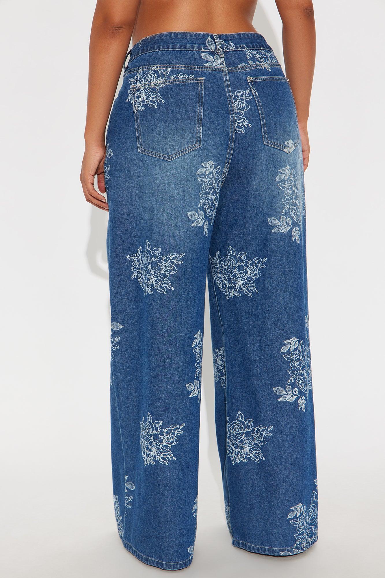 Rose Kiss Floral Print Wide Leg Jeans - Medium Wash Female Product Image