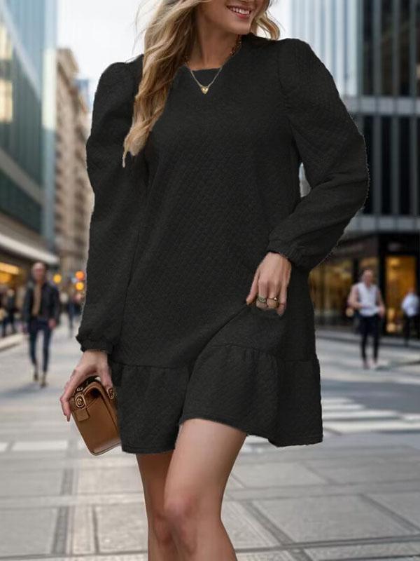 A-Line Long Sleeves Jacquard Pleated Solid Color Split-Joint Round-Neck Mini Dresses Product Image