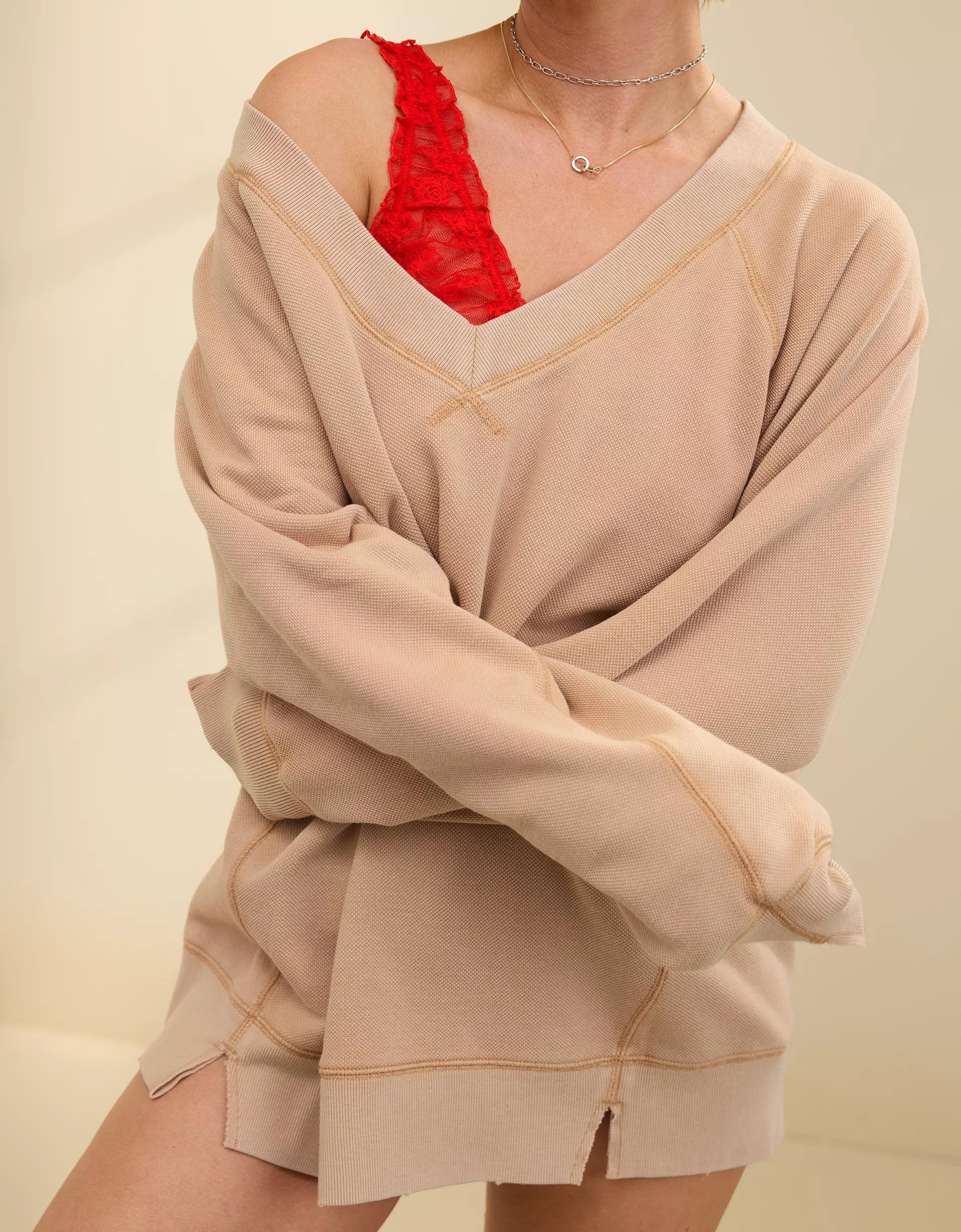 Aerie Downtime Textured V-Neck Sweatshirt Product Image