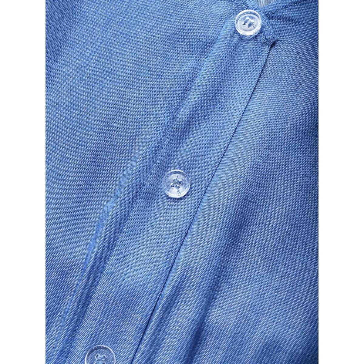 Plus Size Plain Button Detail Layered Hem Ruffle Cap Sleeve Dress Blue Women Casual Non V-neck Cap Sleeve Curvy Midi Dress BloomChic 28/5X Product Image