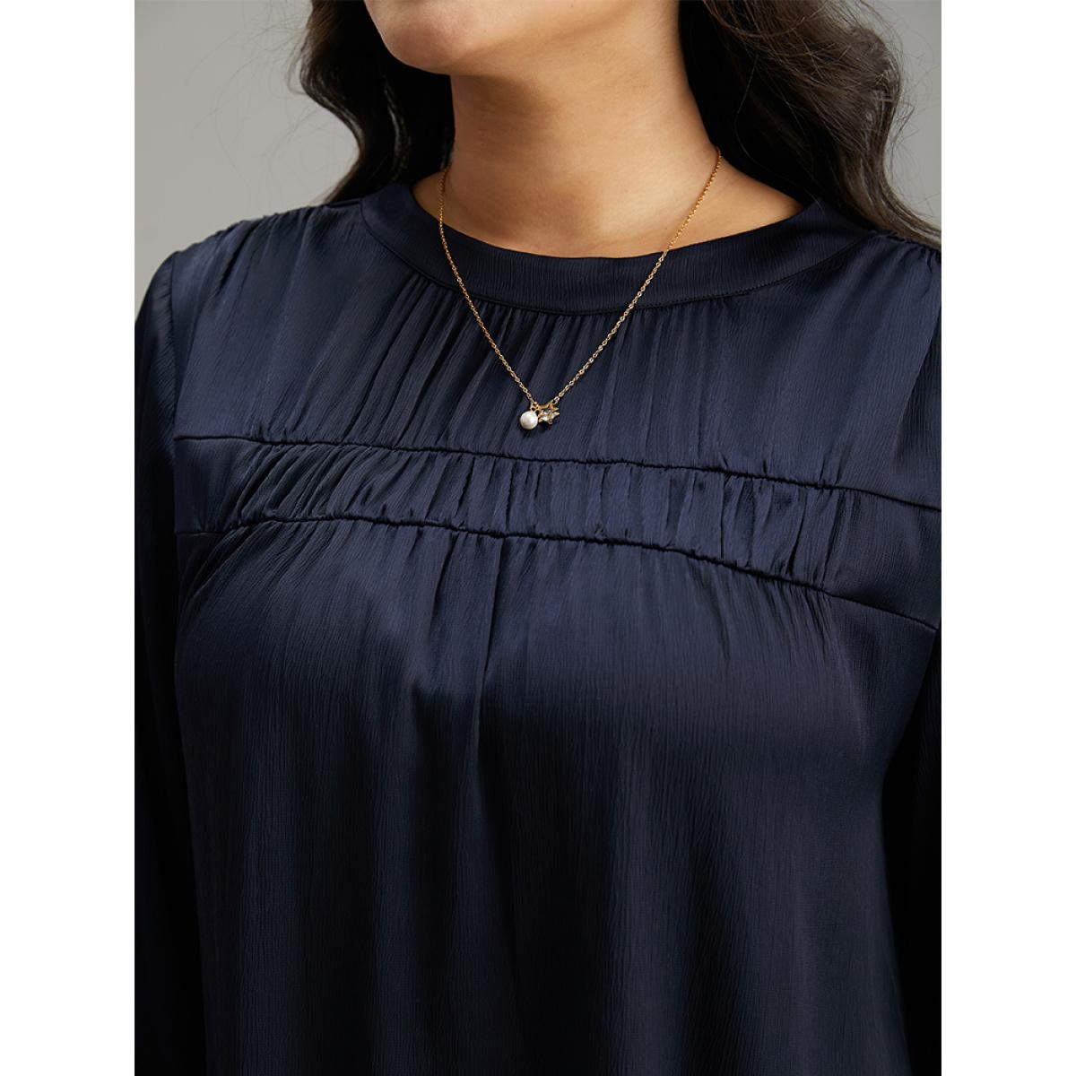 Plus Size Indigo Static-Free Plain Gathered Blouse Women Office Long Sleeve Round Neck Office Blouses BloomChic 22-24/3X Product Image