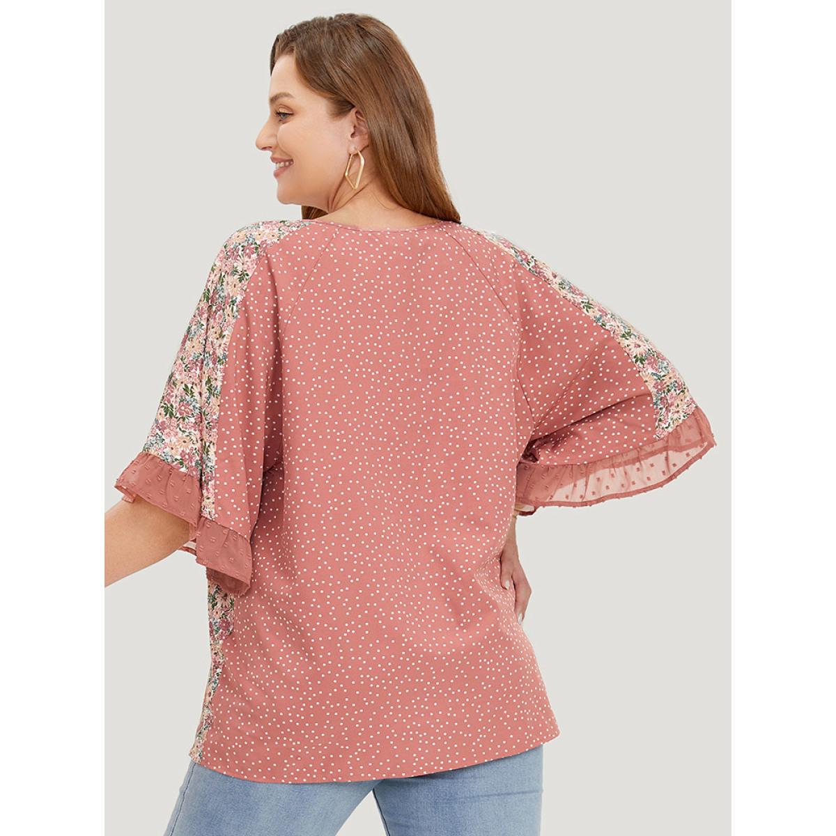 Plus Size Rouge Polka Dot & Ditsy Floral Flounce Sleeve Lace Up Blouse Women Elegant Half Sleeve Tie Neck Dailywear Blouses BloomChic 10/M Product Image