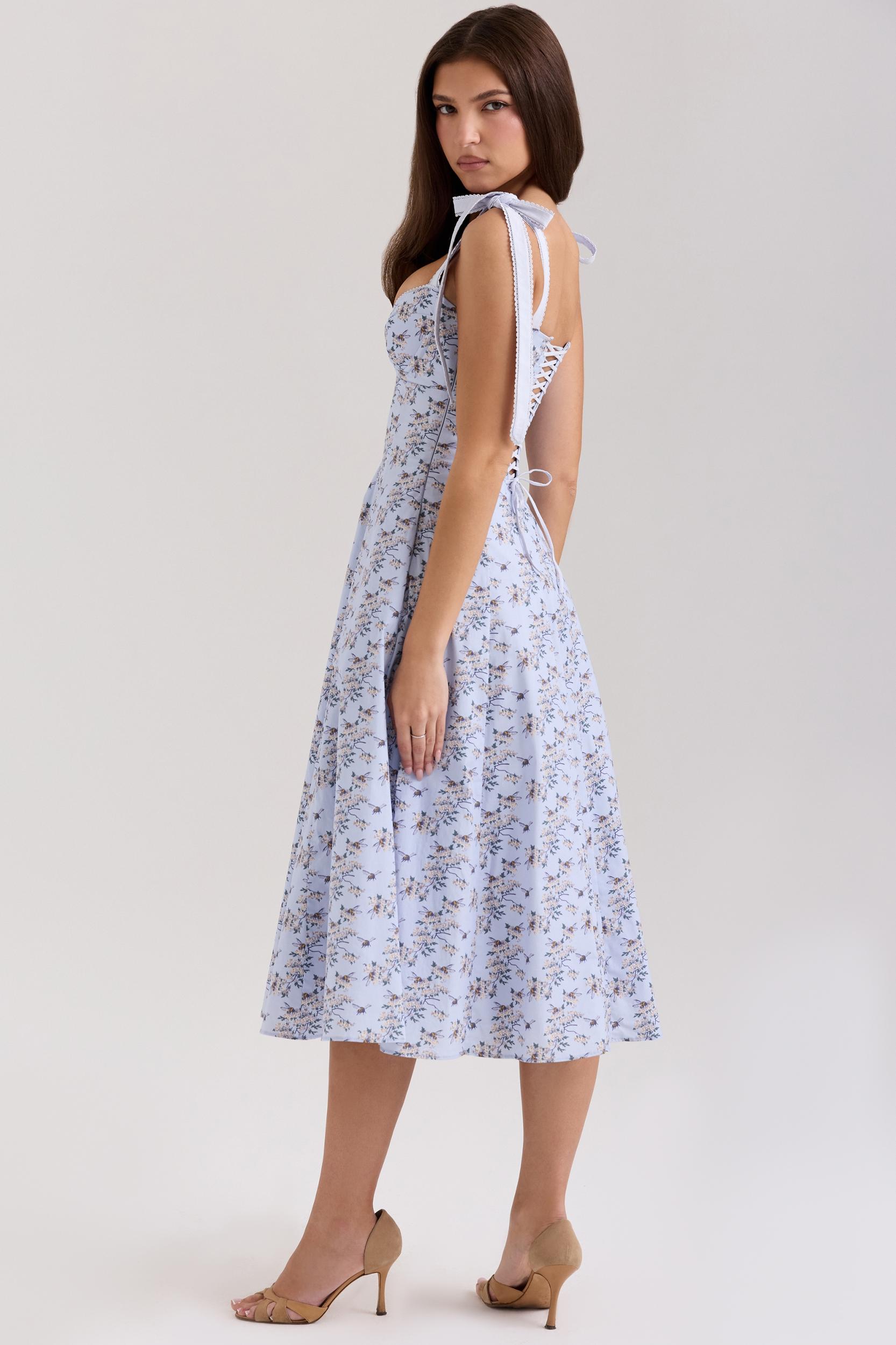 Emely  blue floral print stretch cotton midi sundress Product Image