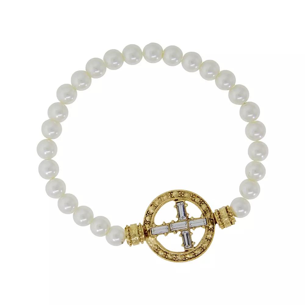 Symbols of Faith Gold Tone Crystal Cross Faux Pearl Stretch Bracelet, Women's, Silver Tone White Product Image