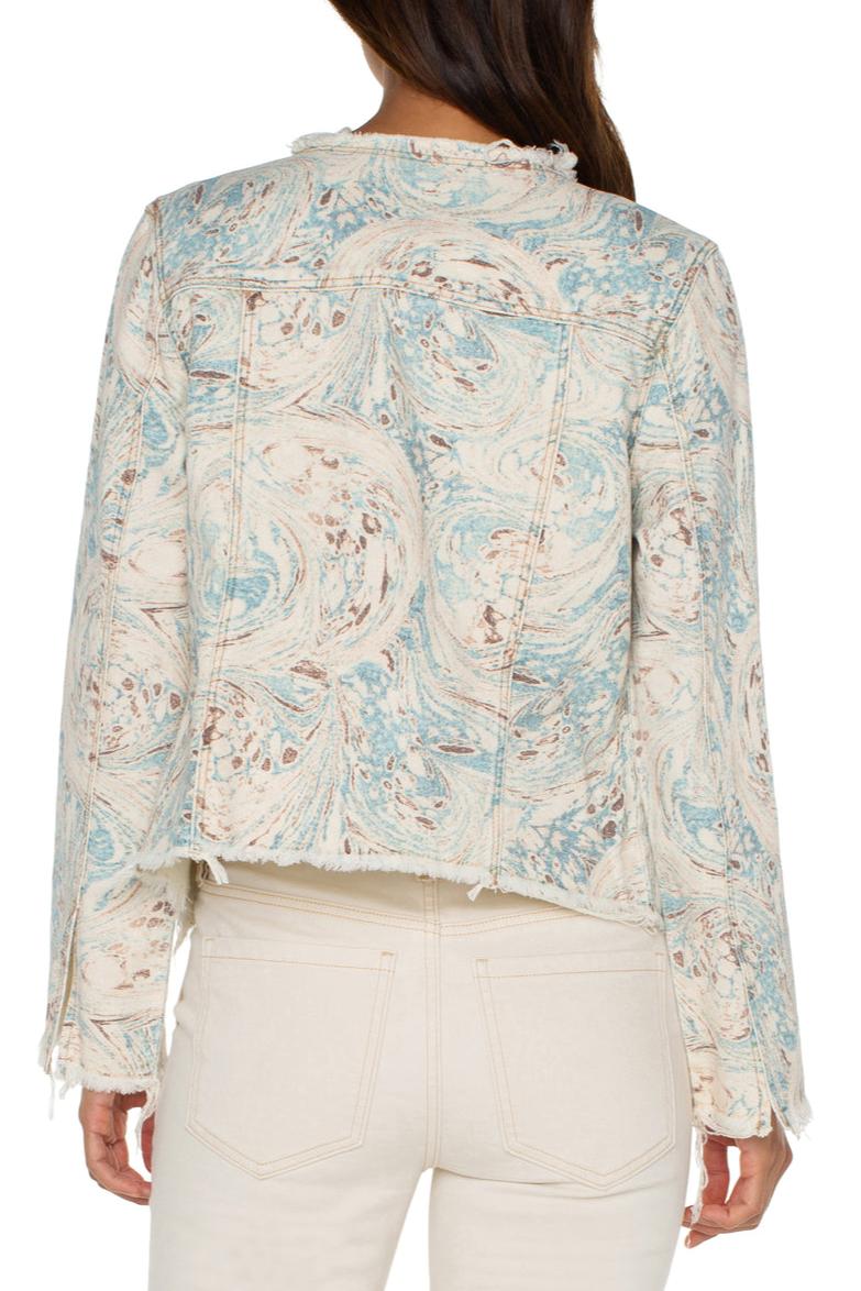 Printed Crop Jacket w/ Fray Hem- Ocean Blue Ecru Marble Product Image