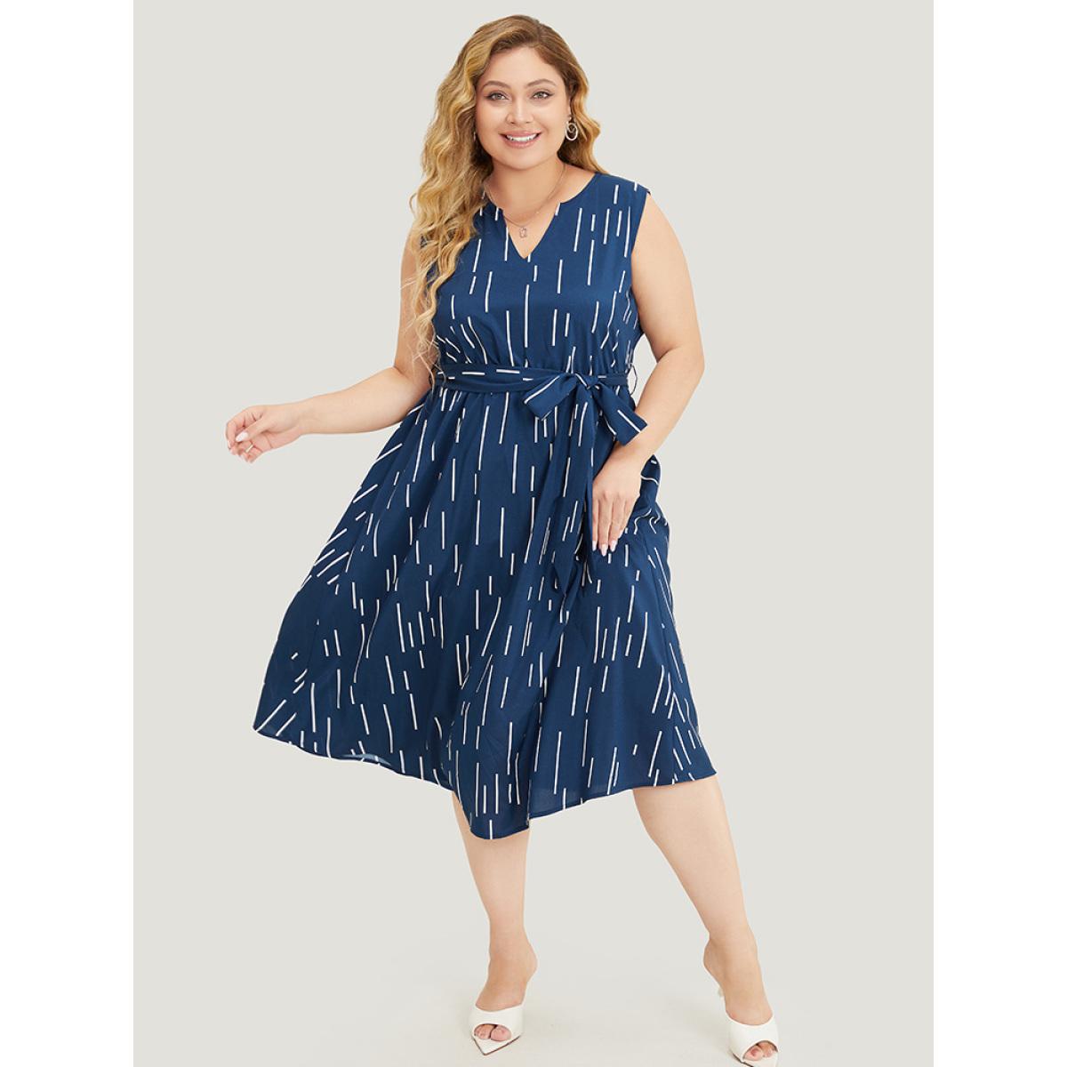Plus Size Geometric Pocket Ruffle Hem Belted Notched Neck Tank Dress DarkBlue Women Office Cross straps Notched collar Sleeveless Curvy Midi Dress BloomChic 26/4X Product Image
