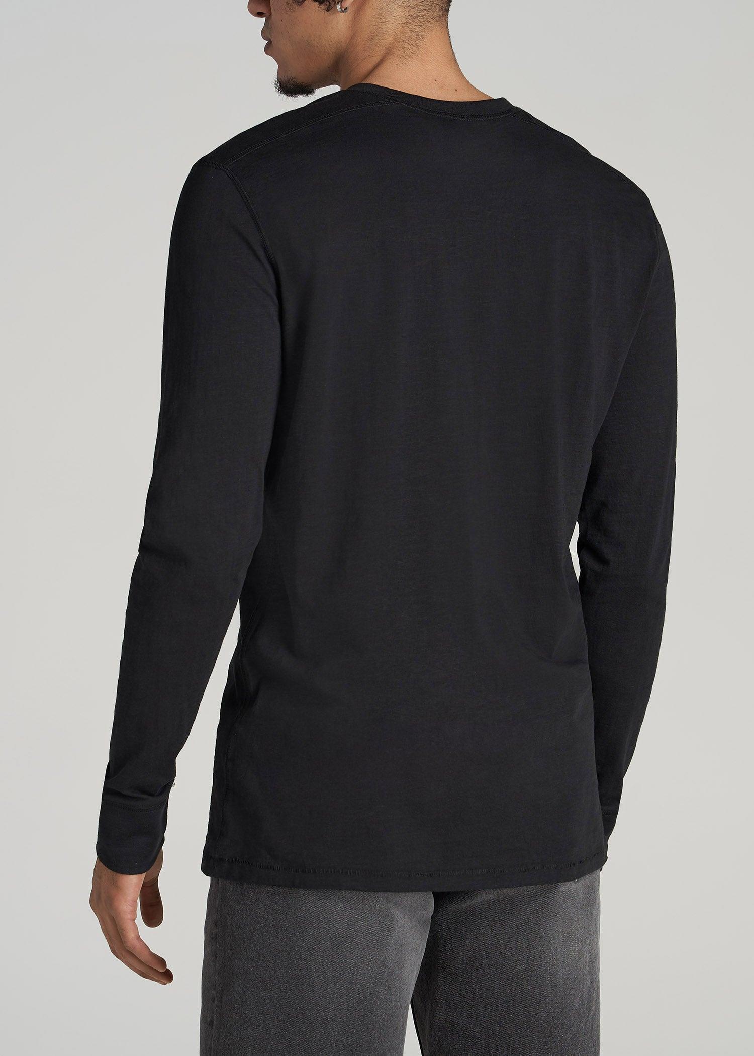 Three-Button Long Sleeve Slub Henley for Tall Men in Black Male Product Image