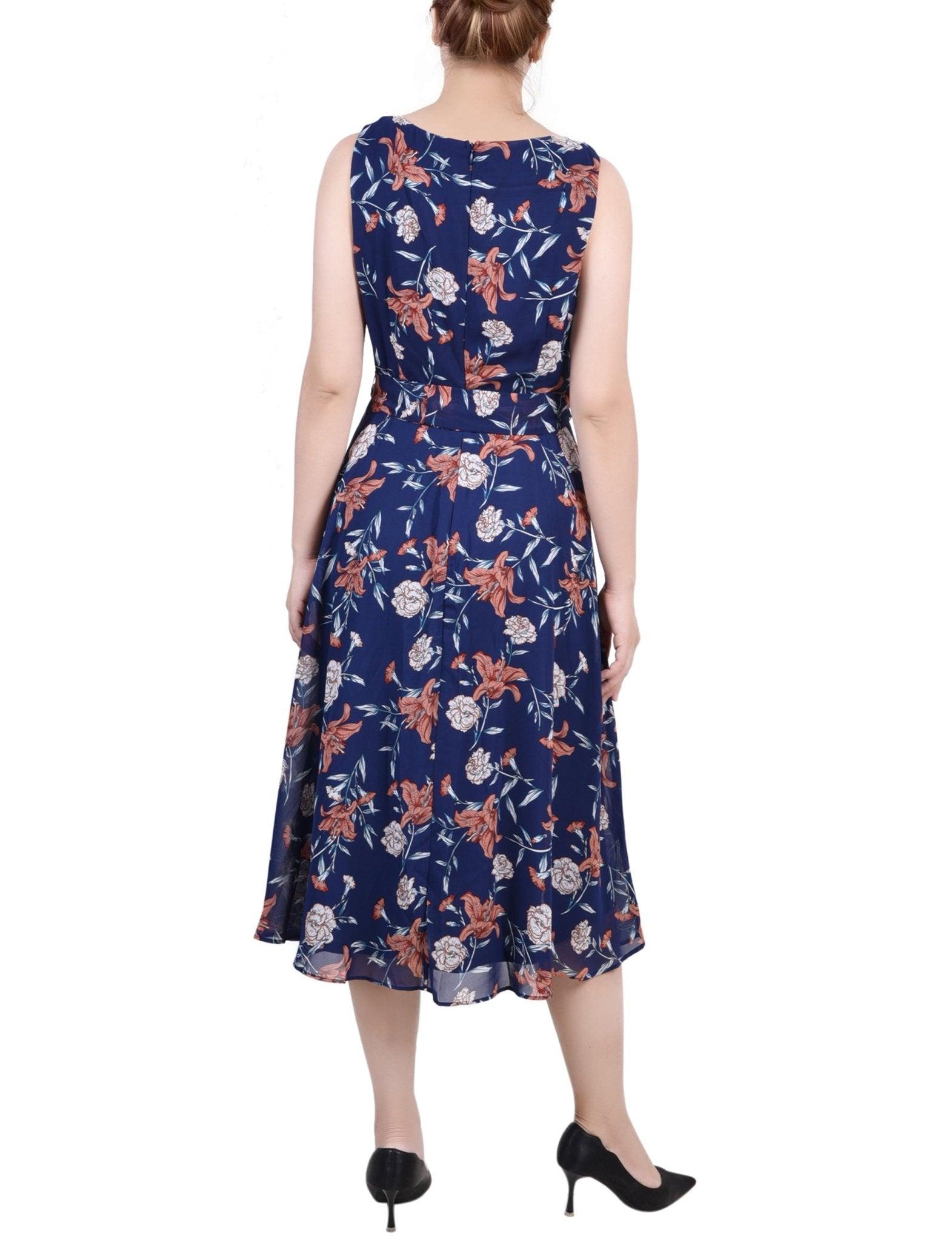 Navy Floral Sleeveless Chiffon Belted Dress - Petite Product Image