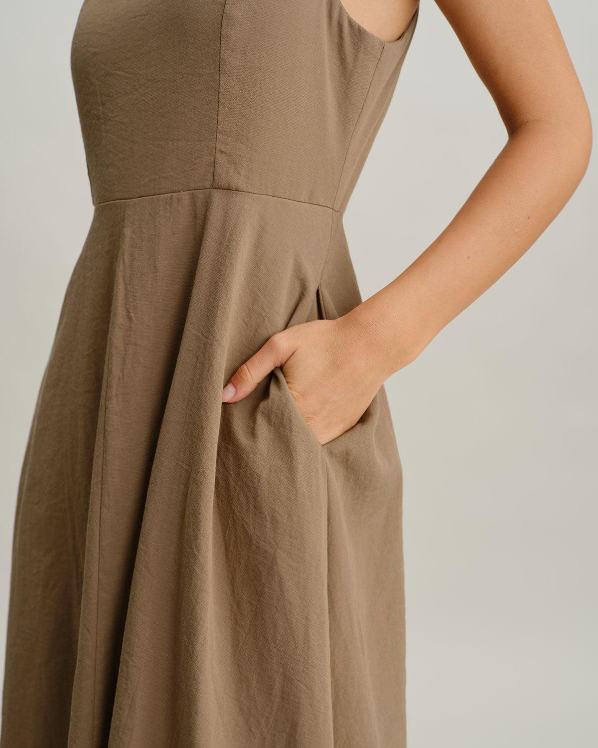 Khaki A-Line Pleated Slip Midi Dress Product Image