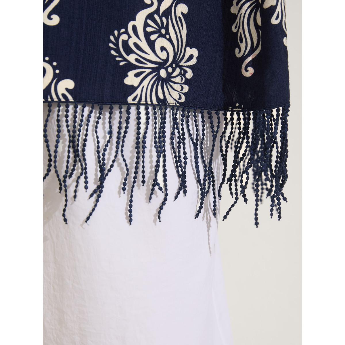 Plus Size Boho Print Tassels Hem Kimono Women Indigo Tie knot Loose Vacation Kimonos BloomChic 30/6X Product Image