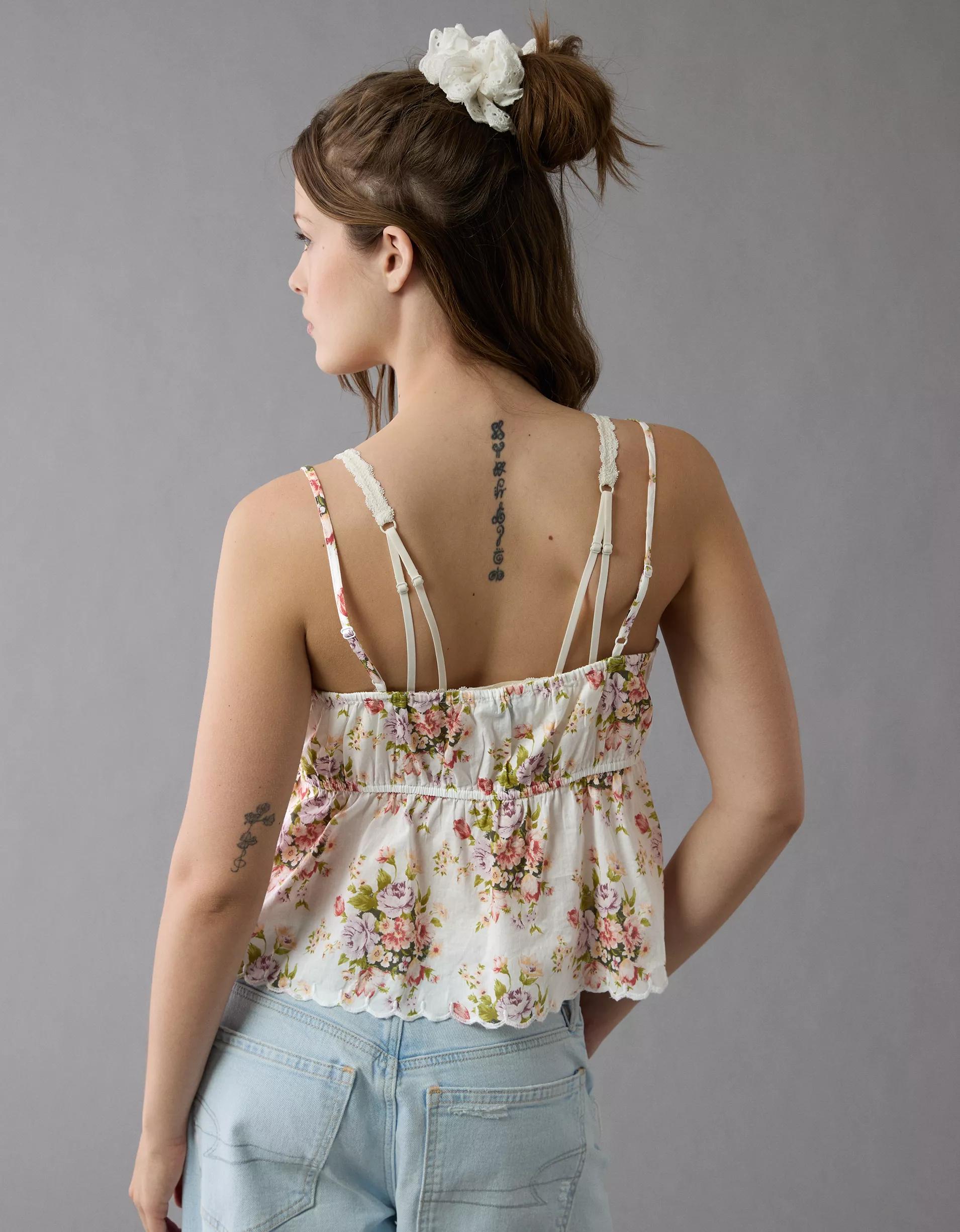 AE Tie Front Embroidered Tank Top Product Image