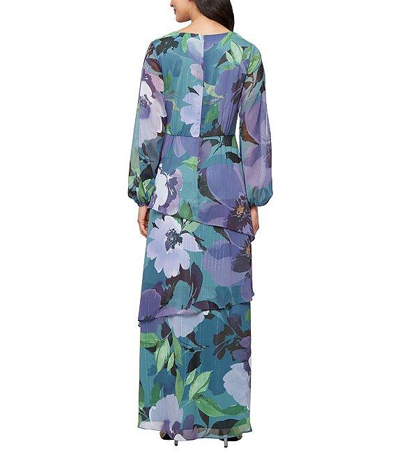 Ignite Evenings Chiffon V-Neck Floral Print Faux Wrap High-Low Hem Tiered Maxi Dress Product Image