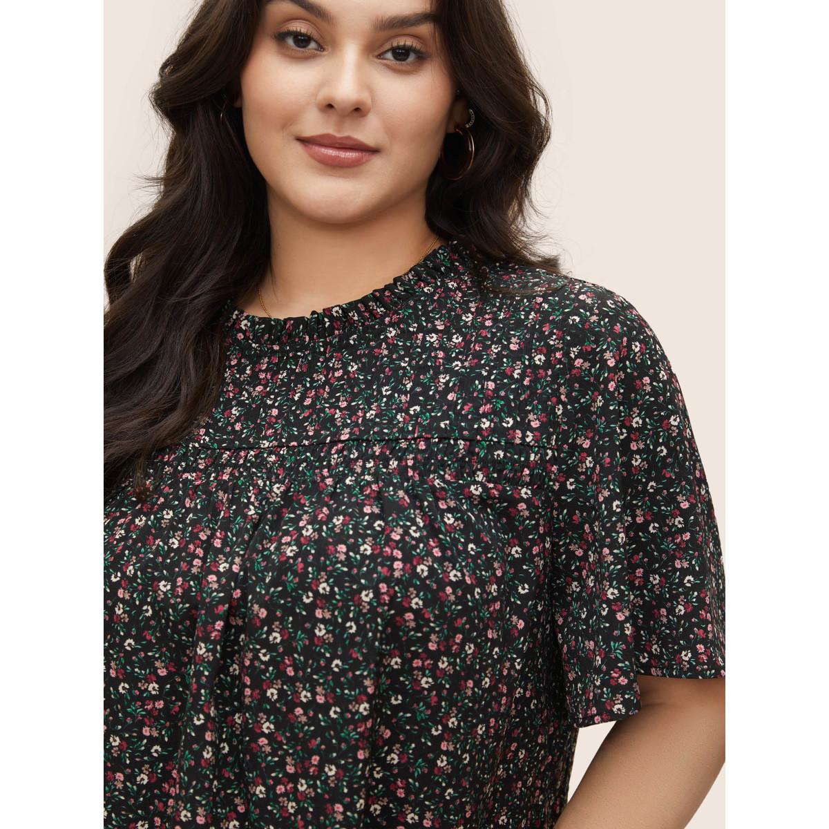Plus Size Black Ditsy Floral Plicated Detail Frill Trim Blouse Women Timeless Short sleeve Round Neck Elegant Blouses BloomChic 30/6X Product Image