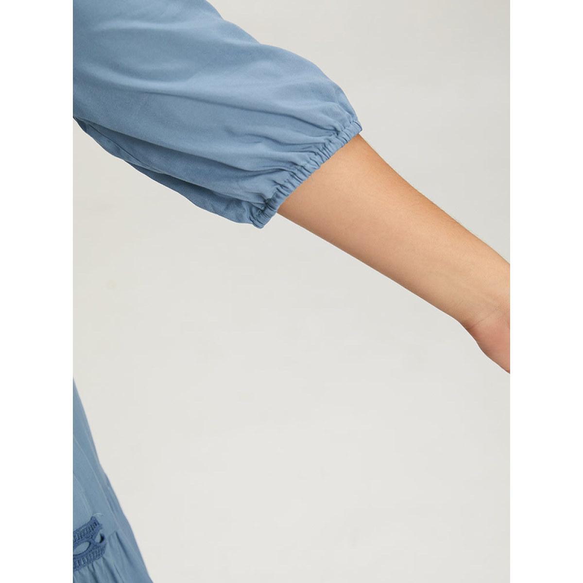 Plus Size Solid Shirred Stitch Layered Hem Ties Dress Stone Women Office Elastic cuffs Tie Neck Half Sleeve Curvy Midi Dress BloomChic 18-20/2X Product Image