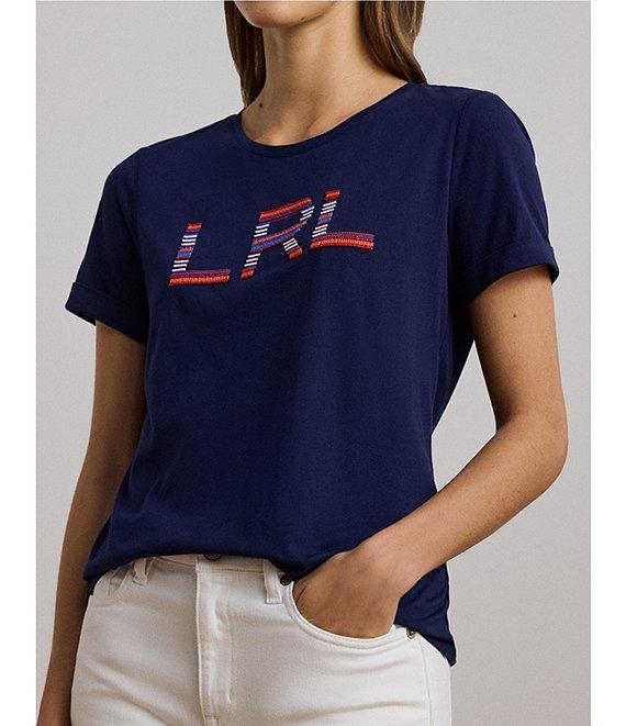 Lauren Ralph Lauren Stripe Beaded Logo Crew Neck Cotton Jersey Tee Top Product Image