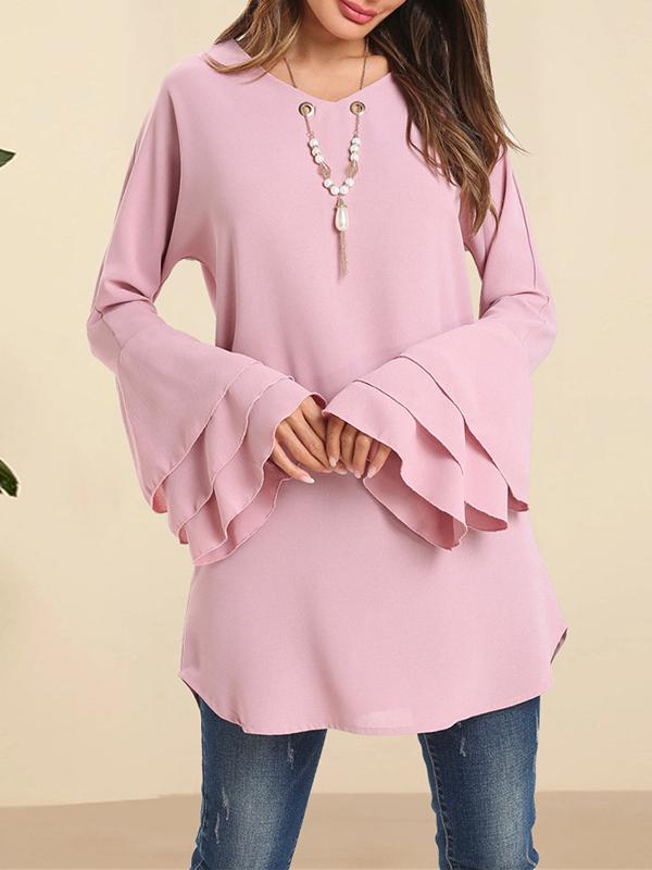 Flared Sleeves Loose Hollow Layered V-Neck Blouses&Shirts Tops Product Image