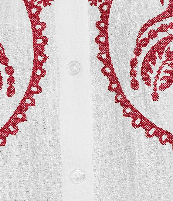 Reba Top Amber Textured Woven Coordinating Point Collar Short Sleeve Paisley Embroidered Top Product Image