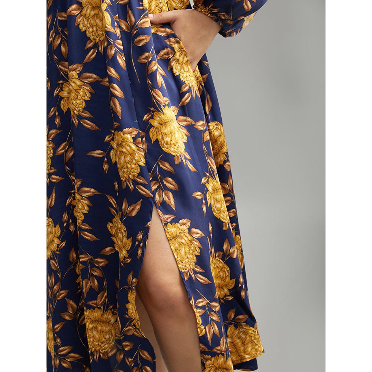 Plus Size Floral Elastic Waist Wrap Split Hem Dress DarkBlue Women Elegant Elastic cuffs Overlap Collar Long Sleeve Curvy Midi Dress BloomChic 18-20/2X Product Image