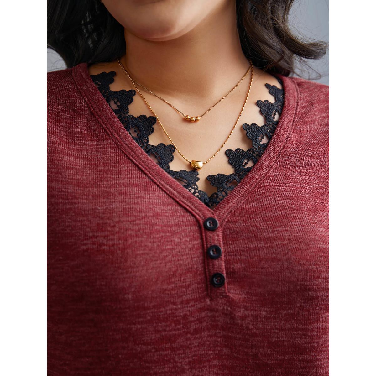 Plus Size V Neck Lace Trim Stitch Button Detail T-Shirt Deepred Women Elegant Woven ribbon&lace trim V-neck Everyday T-shirts BloomChic 14-16/1X Product Image