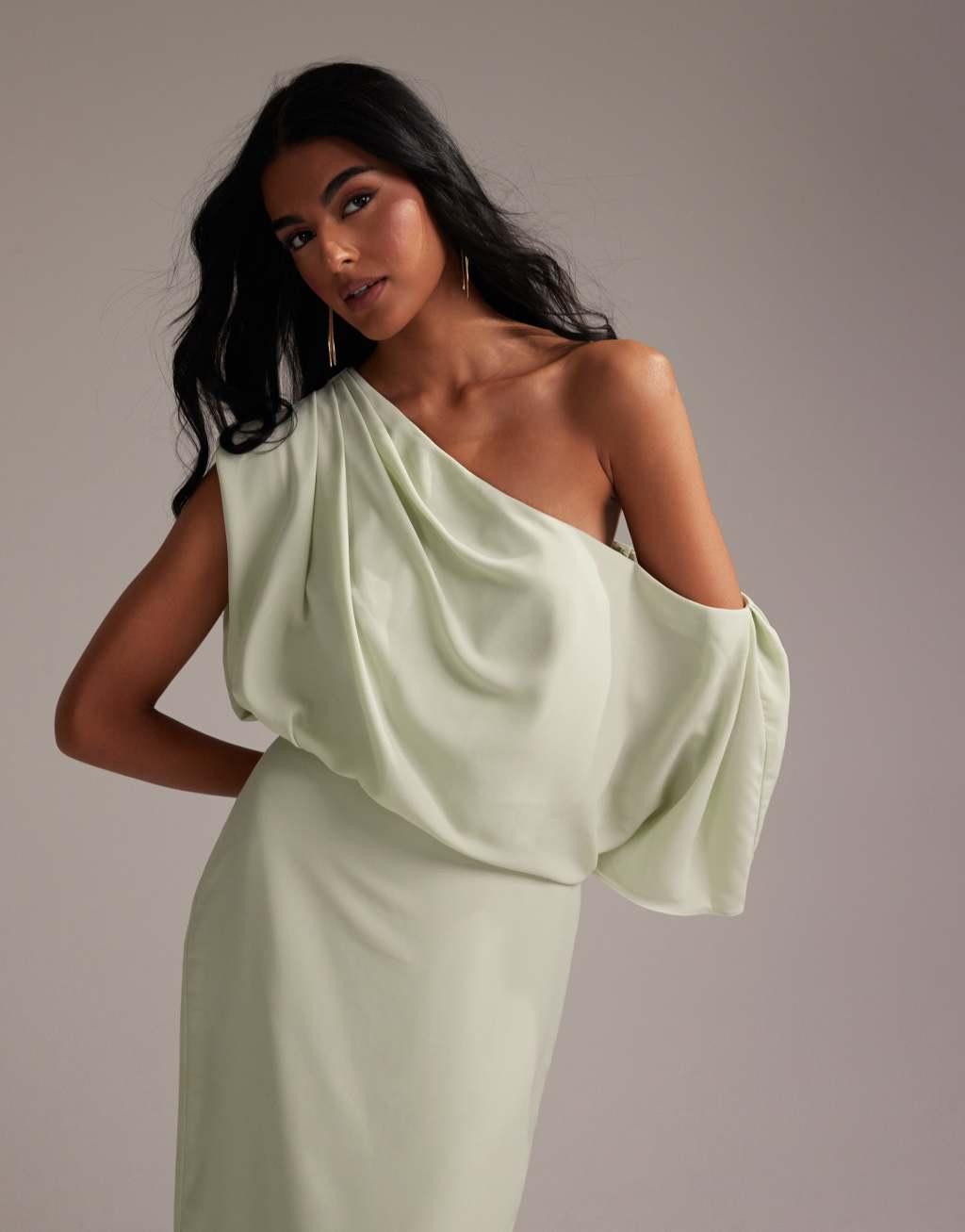 ASOS DESIGN Bridesmaids crepe one shoulder draped maxi dress in light green Product Image