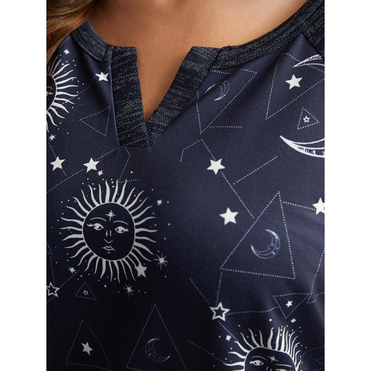 Plus Size Halloween Moon & Star Notched Raglan Sleeve Sweatshirt Women Indigo Casual Elastic cuffs Notched collar Festival-Halloween Sweatshirts BloomChic 26/4X Product Image