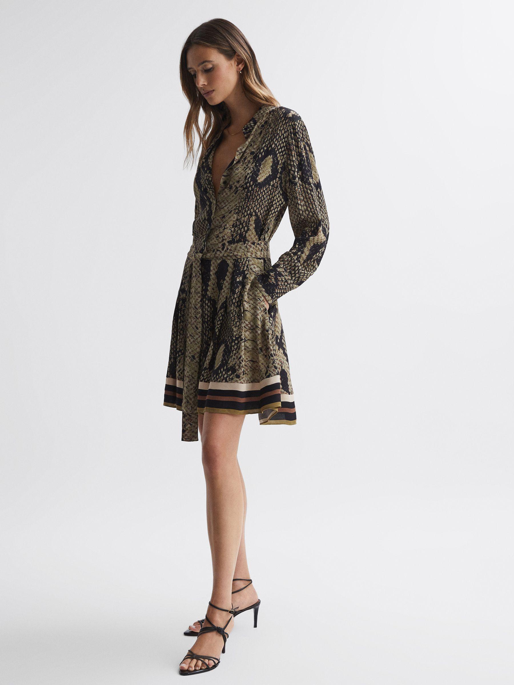 Snake Print Belted Mini Dress in Brown Product Image
