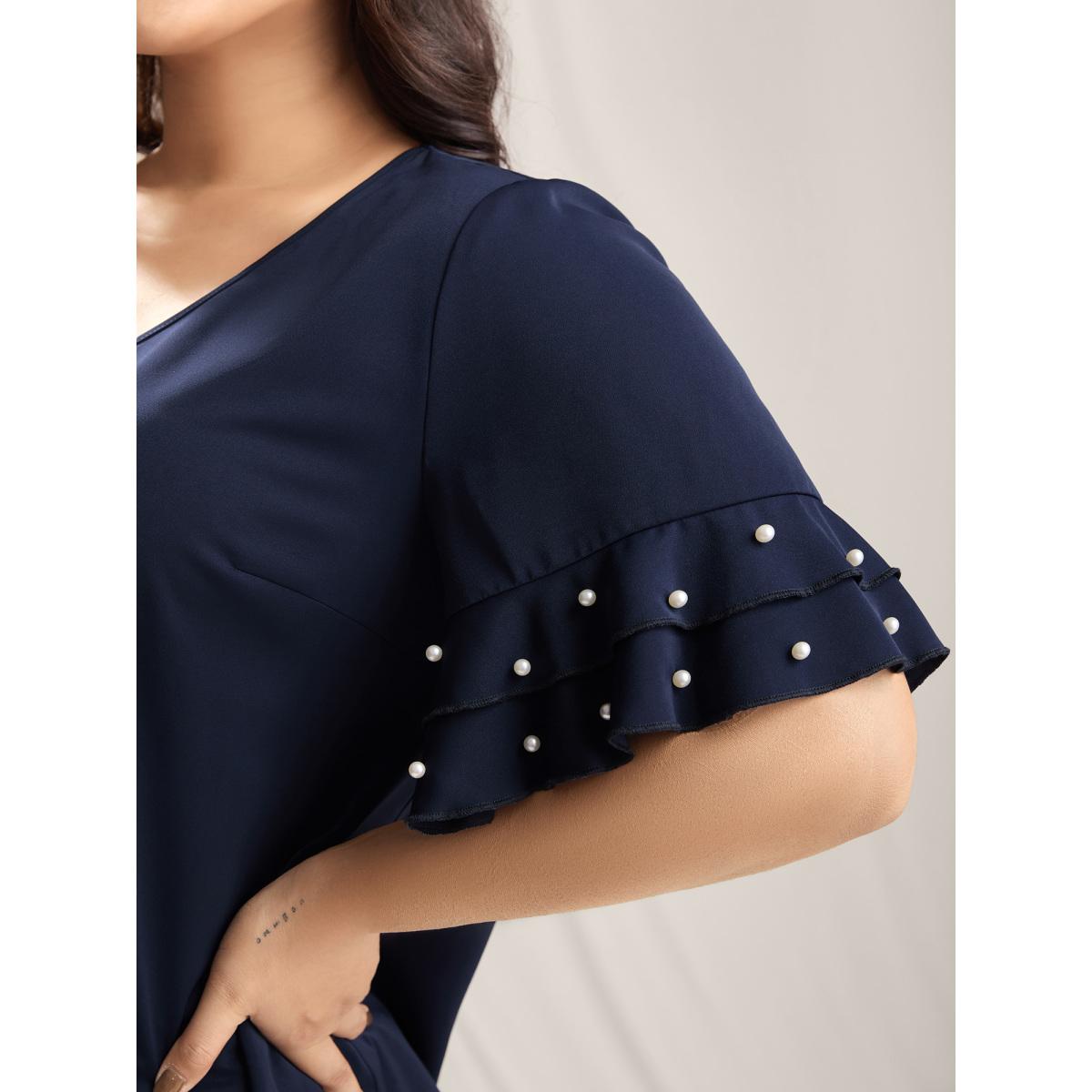 Plus Size Indigo Beaded Layered Sleeve Plain Blouse Women Timeless Short sleeve V-neck Elegant Blouses BloomChic 10/M Product Image