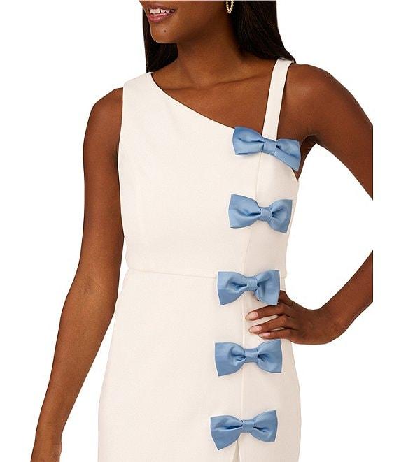 Adrianna Papell Crepe Asymmetrical One Shoulder Neck Sleeveless Bow Trim A-Line Dress Product Image