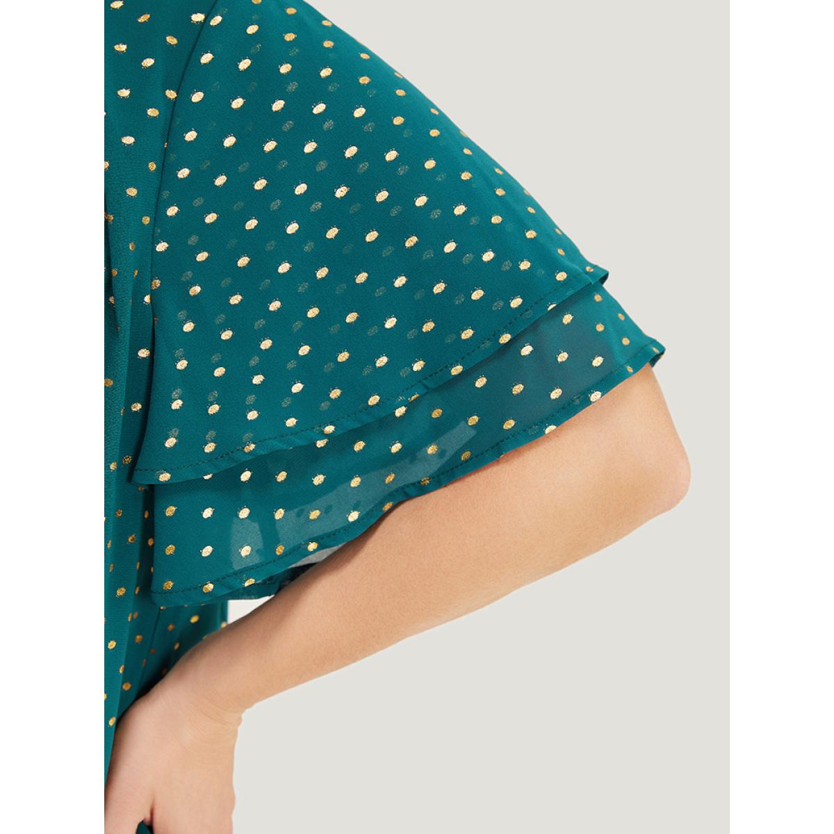 Plus Size DarkGreen Polka Dot Glitter Tiered Sleeve Pleated Keyhole Chain Neck Blouse Women Party Short sleeve Round Neck Going out Blouses BloomChic 30/6X Product Image